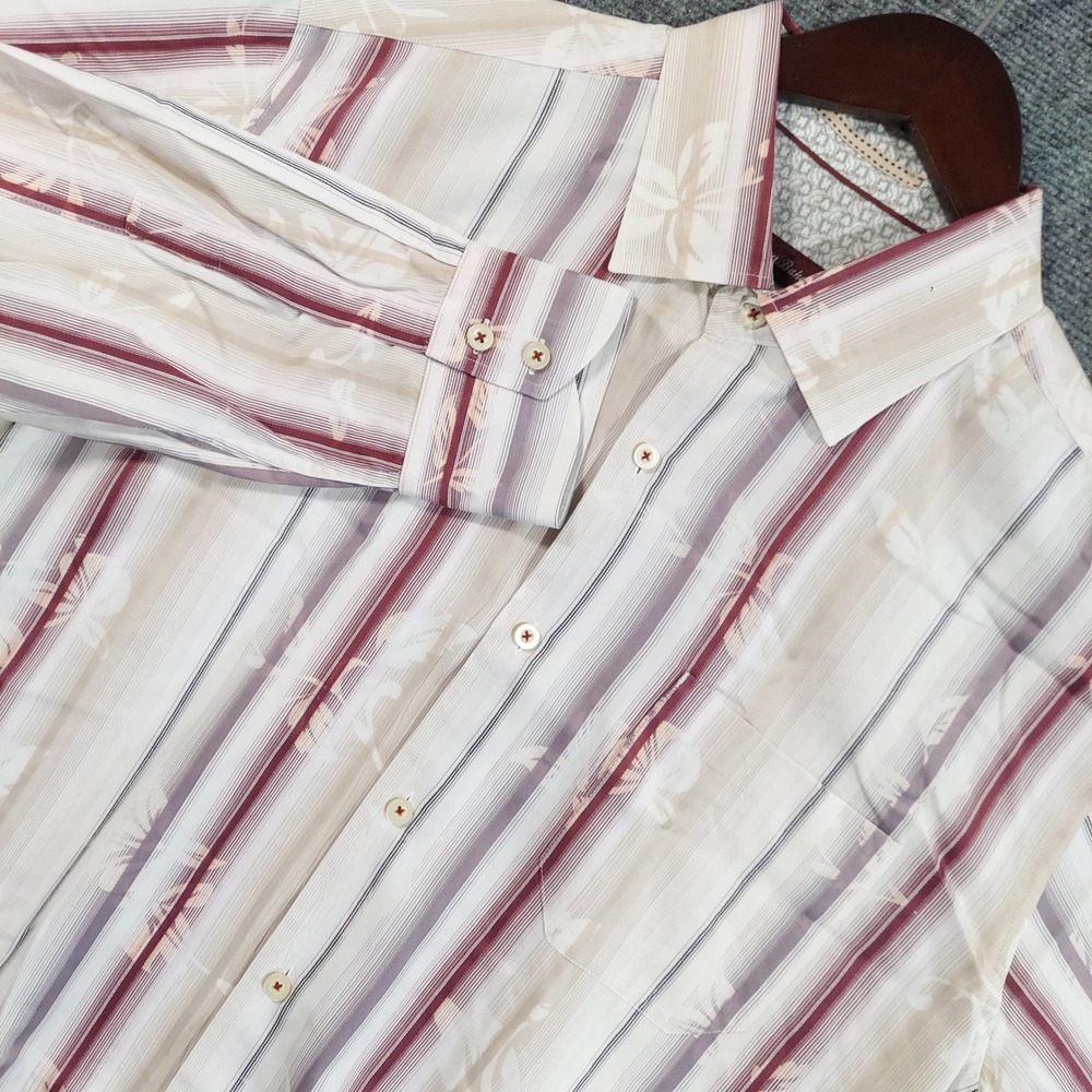Tommy Bahama Button Up Shirt Mens Large Burgundy Striped Floral Cotton Silk